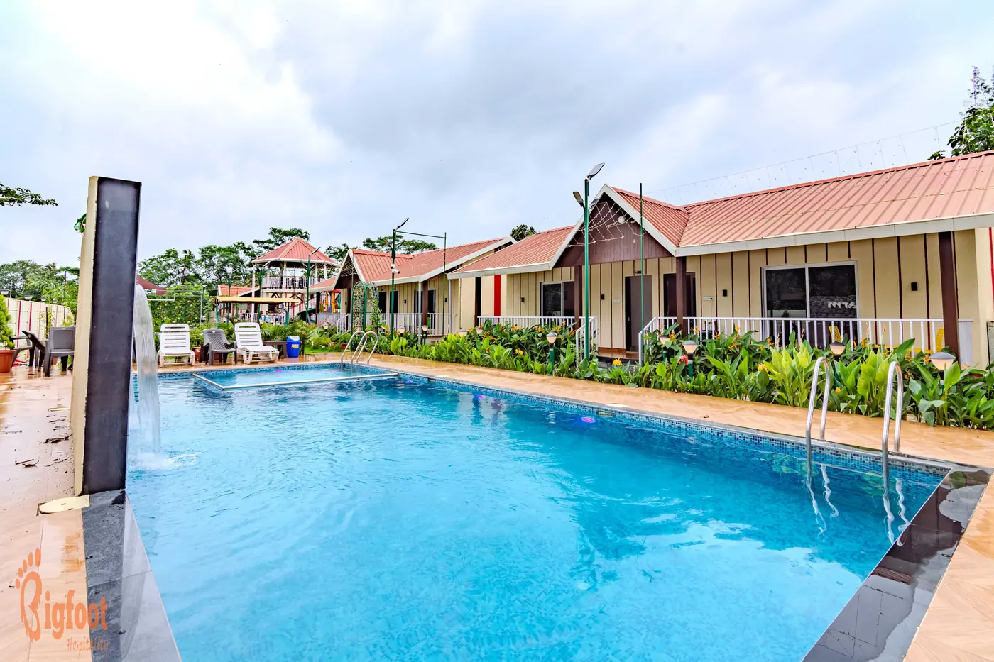 Poolside deck at JS Farm Resort, Karjat