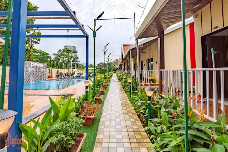 Garden seating area at JS Farm Resort, Karjat